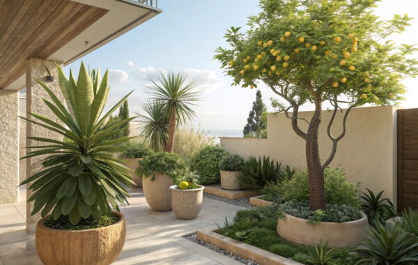 Grünpflanzen für viel Sonne in stilvollen Töpfen im Sonnenlicht