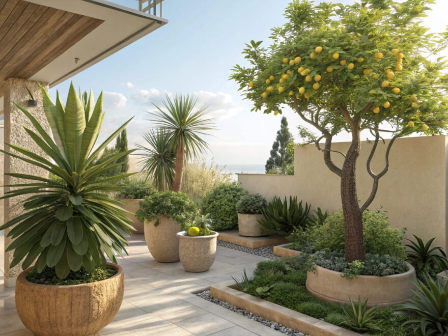 Grünpflanzen für viel Sonne in stilvollen Töpfen im Sonnenlicht