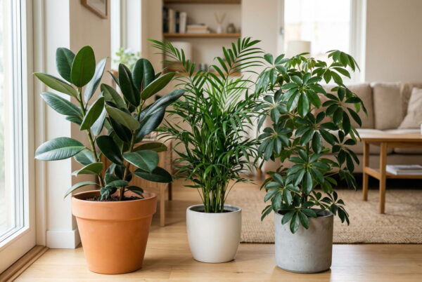 Anfällige Zimmerpflanzen wie Ficus, Palme und Schefflera im Wohnraum
