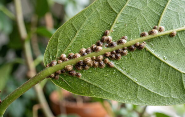 Schildläuse auf der Blattunterseite einer Zimmerpflanze im Makro
