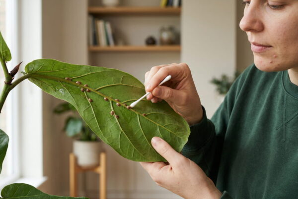 Schildläuse mit Wattestäbchen von Zimmerpflanzenblatt entfernen