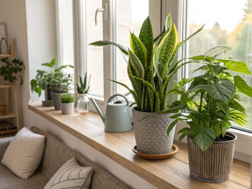 Pflegeleichte Zimmerpflanzen wie Bogenhanf und Efeutute auf einem Regal, mit einer Gießkanne und Sprühflasche zur einfachen Pflege.