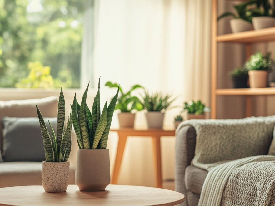Gemütliches Wohnzimmer mit Zimmerpflanzen, die für eine beruhigende Atmosphäre sorgen