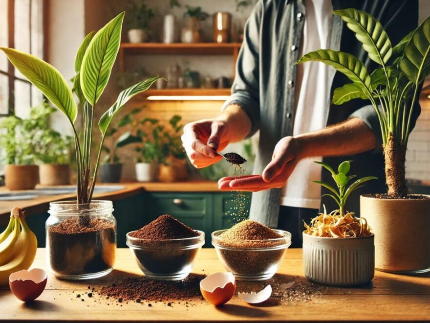 Natürliche Dünger für Zimmerpflanzen: Kaffeesatz, Eierschalen und Bananenschalen auf Arbeitsfläche