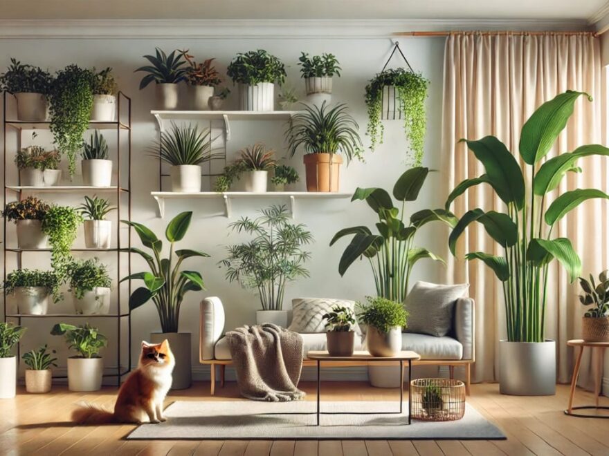 Pflanzen für Haustierbesitzer in einem gemütlichen Wohnzimmer mit sicheren, ungiftigen Pflanzen für Katzen und Hunde