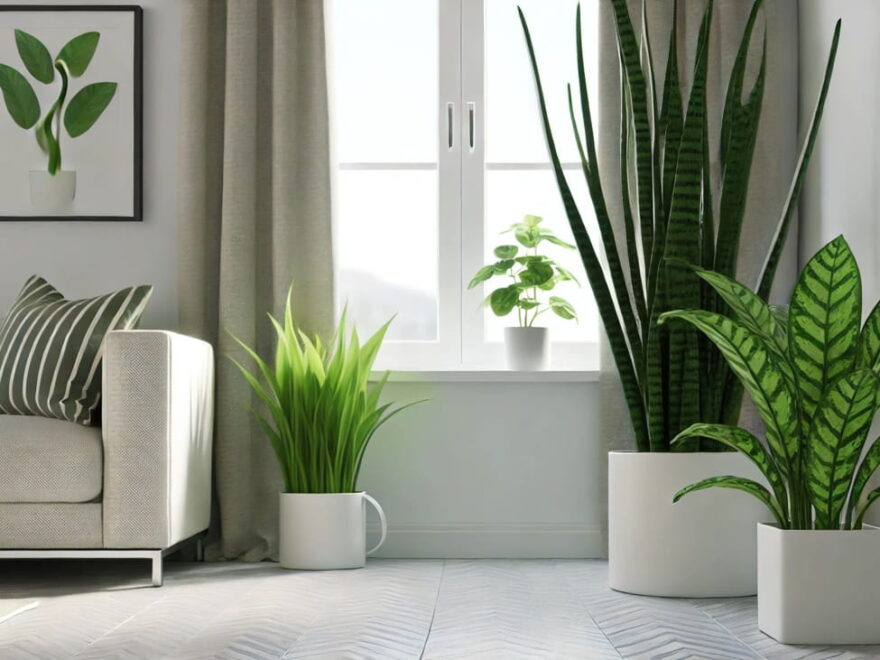 Modernes Wohnzimmer mit allergikerfreundlichen Zimmerpflanzen wie Bogenhanf und Einblatt, natürliche Beleuchtung, sauber und pollenfrei.