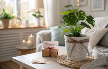 Ein stilvoll verpacktes Geschenk mit einer Zimmerpflanze, dekoriert mit Schleife und Karte, auf einem Tisch in gemütlicher Umgebung.