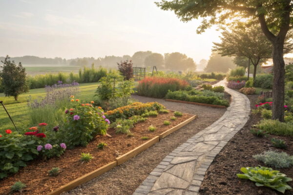 Unterschiedliche Mulcharten in verschiedenen Gartenbereichen: Rindenmulch im Blumenbeet, Stroh im Gemüsebeet und Kies auf dem Gartenweg.