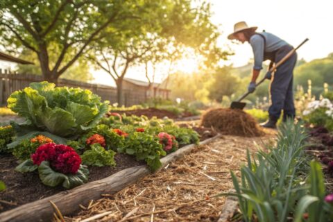 Ein Gartenbeet mit frischem Mulch, umgeben von Blumen und Gemüse, zeigt die Vorteile der Mulchanwendung im Garten.