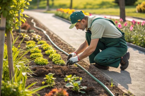 Gärtner verteilt Mulch gleichmäßig in einem Gartenbeet mit präziser Schichtdicke und Abstand zu den Pflanzenstängeln.