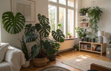 Gemütliches Wohnzimmer mit großen Zimmerpflanzen zur Schallabsorption, darunter Monstera und Ficus Benjamina, strategisch platziert für bessere Akustik.