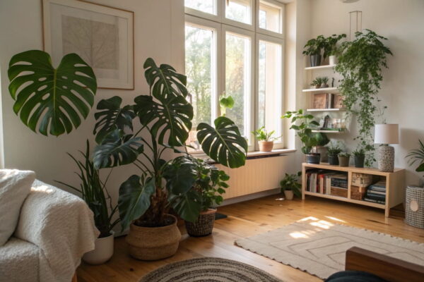 Gemütliches Wohnzimmer mit großen Zimmerpflanzen zur Schallabsorption, darunter Monstera und Ficus Benjamina, strategisch platziert für bessere Akustik.