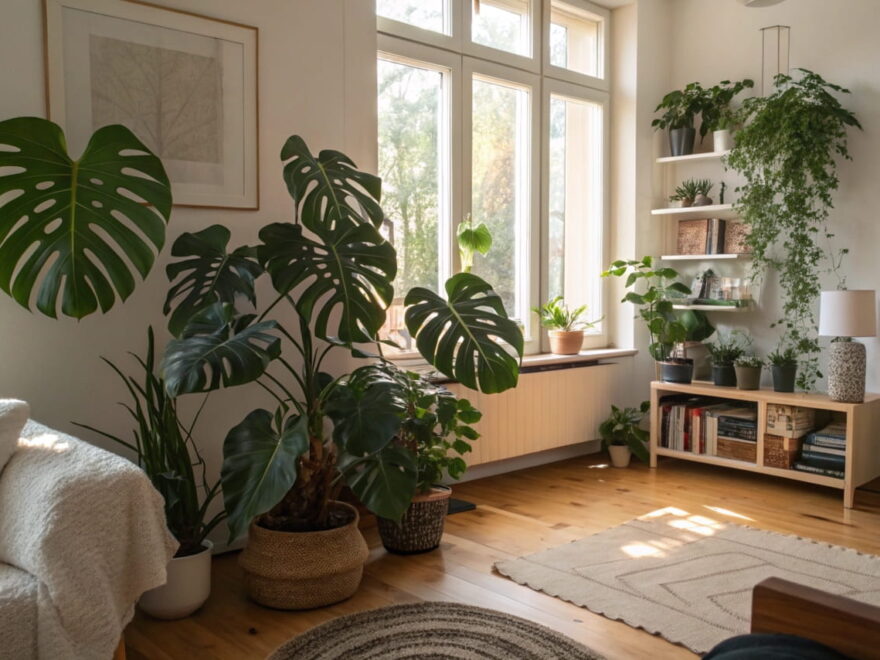 Gemütliches Wohnzimmer mit großen Zimmerpflanzen zur Schallabsorption, darunter Monstera und Ficus Benjamina, strategisch platziert für bessere Akustik.