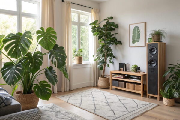 Wohnraum mit strategisch platzierten Pflanzen, darunter Monstera und Ficus Benjamina, zur Verbesserung der Akustik, inklusive vertikaler Pflanzenwand.