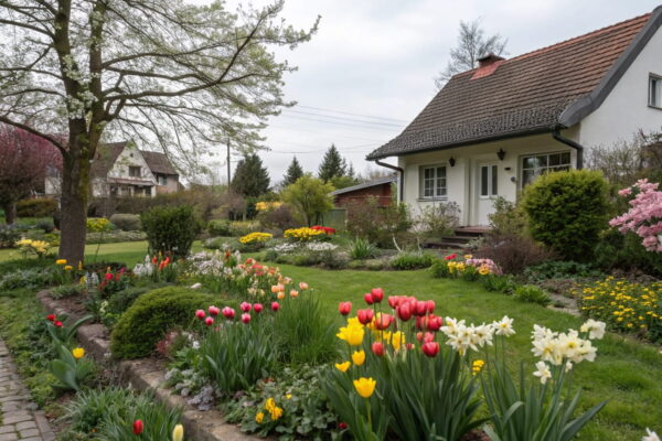 Blühkalender zeigt Frühblüher im Garten – Tulpen und Narzissen in voller Blüte Blühkalender im Garten: Frühblühende Pflanzen im Frühlingsbeet