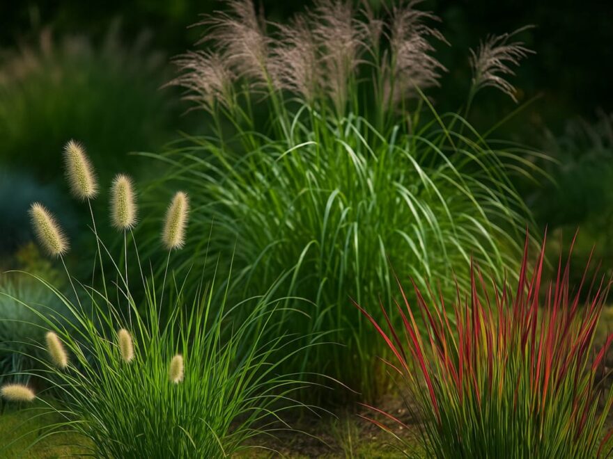 Verschiedene Ziergräser im Garten, darunter Lampenputzergras, Chinaschilf und Blutgras