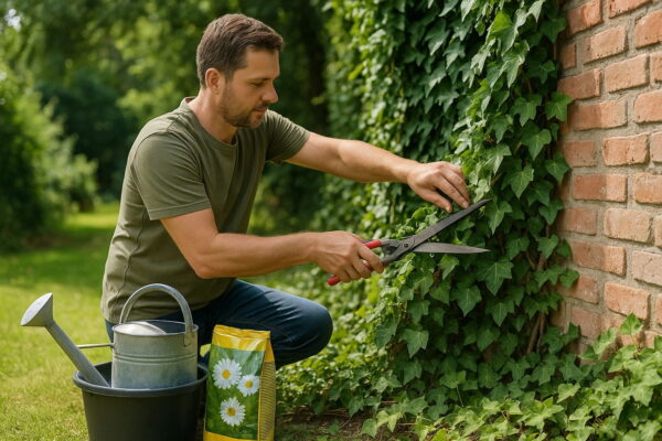Efeu richtig pflegen – Schneiden, Gießen und Düngen im Jahresverlauf Efeu im Garten wird geschnitten, gegossen und gedüngt für gesundes Wachstum