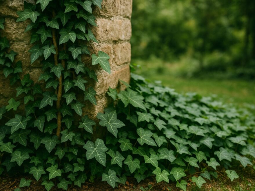 Efeu mit unterschiedlichen Blattformen als Kletterpflanze und Bodendecker im Garten