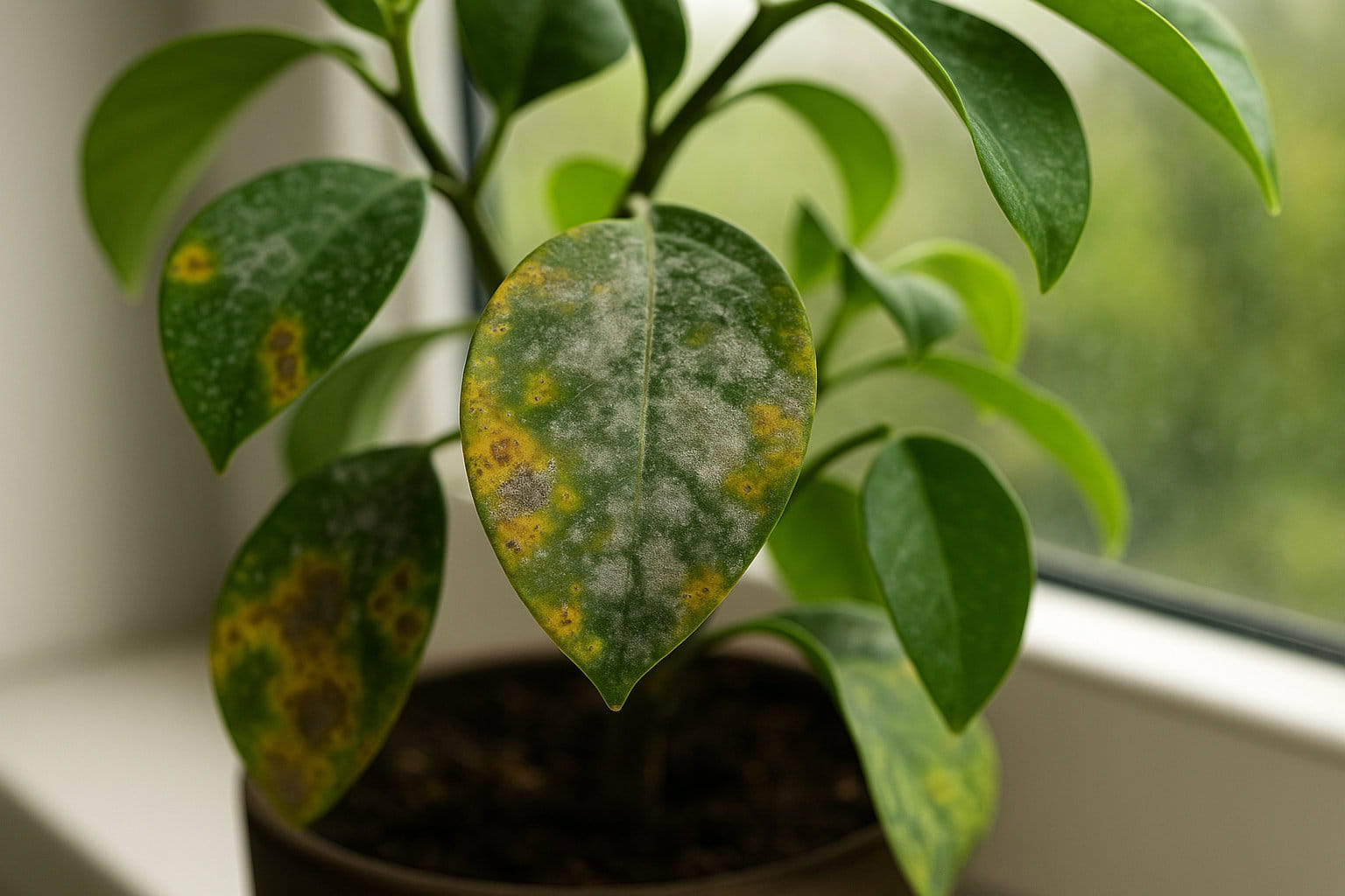 Typische Anzeichen für Pilzerkrankungen bei Zimmerpflanzen mit Flecken und Belag auf den Blättern