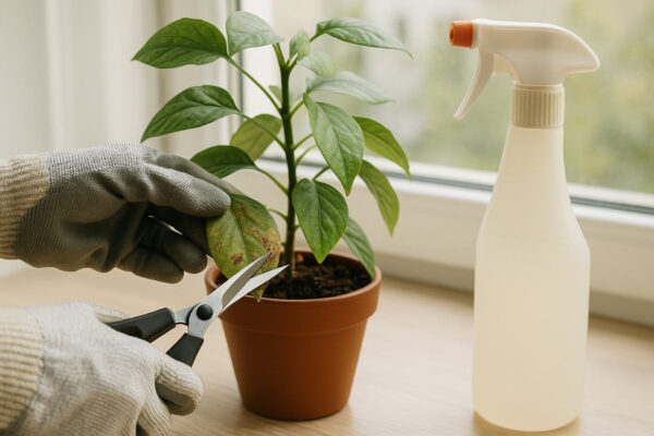 Sofortmaßnahmen bei akutem Pilzbefall an Zimmerpflanzen – befallenes Blatt wird entfernt und Pflanze behandelt