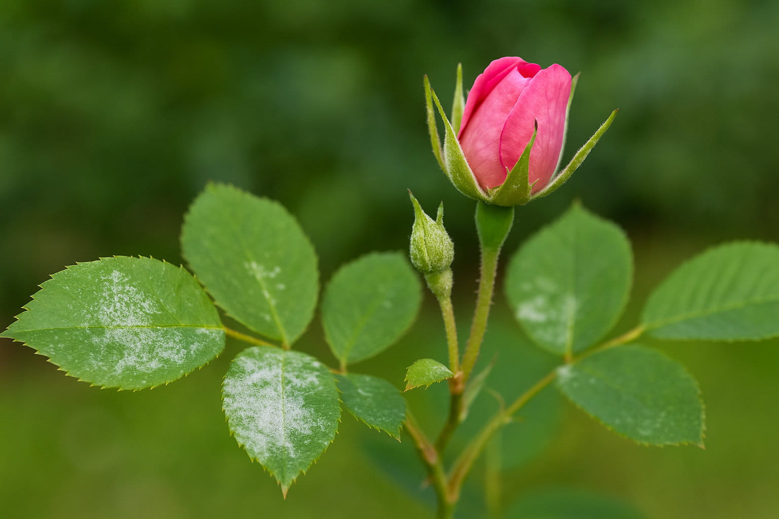 Rosenblatt mit weißem Belag – Mehltau an Rosen im Garten erkennen