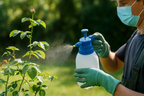Gärtner sprüht chemischen Pflanzenschutz auf Rosen gegen Mehltau