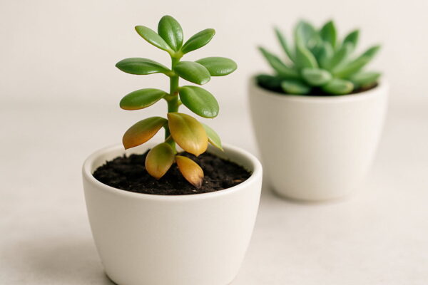 Sukkulente mit Anzeichen von Pflegefehlern wie nasser Erde und vergilbten Blättern