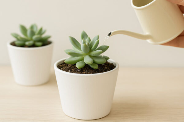 Sukkulente in weißem Topf wird vorsichtig gegossen, Erde gut sichtbar