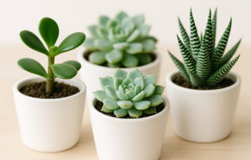 Verschiedene Sukkulenten in weißen Töpfen in Nahaufnahme