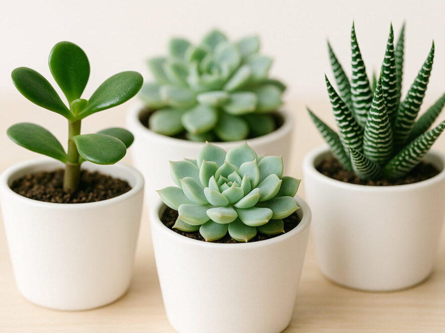 Verschiedene Sukkulenten in weißen Töpfen in Nahaufnahme