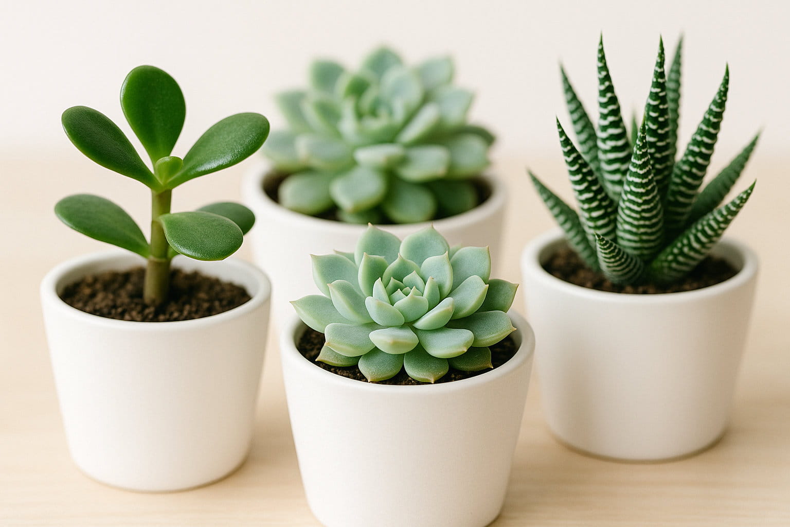 Verschiedene Sukkulenten in weißen Töpfen in Nahaufnahme