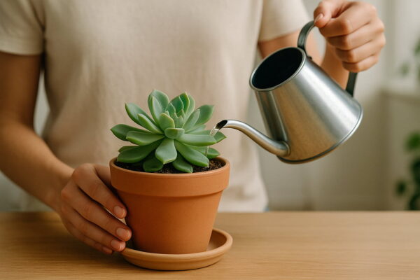 Sukkulente wird richtig gegossen, Wasser direkt auf die Erde ohne Blätter zu benetzen.