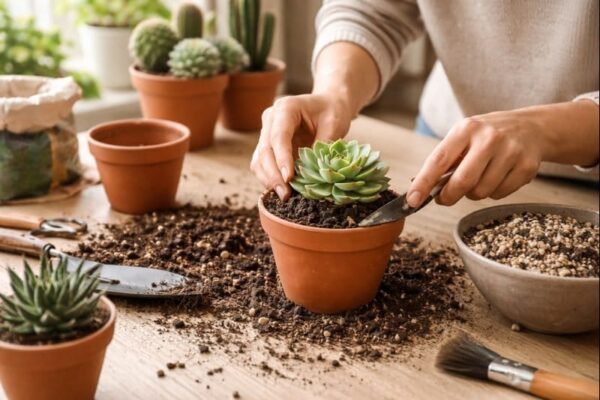 Sukkulente wird Schritt für Schritt in frisches Substrat umgetopft