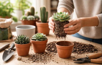 Sukkulente mit sichtbarem Wurzelballen kurz vor dem Umtopfen im Frühjahr