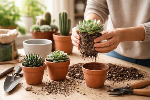 Sukkulente mit sichtbarem Wurzelballen kurz vor dem Umtopfen im Frühjahr