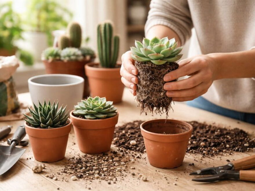 Sukkulente mit sichtbarem Wurzelballen kurz vor dem Umtopfen im Frühjahr
