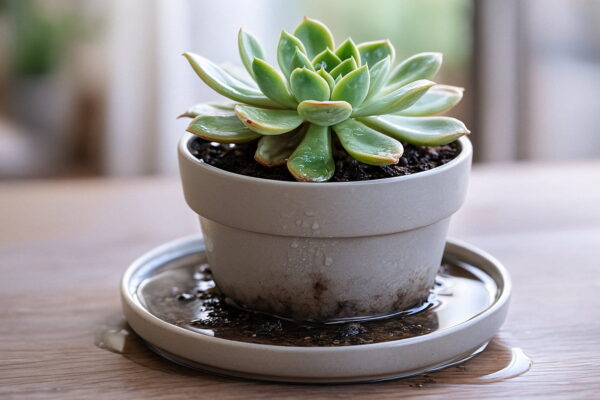 Sukkulente mit Staunässe im Untersetzer als Beispiel für typische Gießfehler.