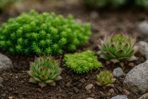 Verschiedene winterharte Sukkulenten-Arten in einem natürlichen Steingarten