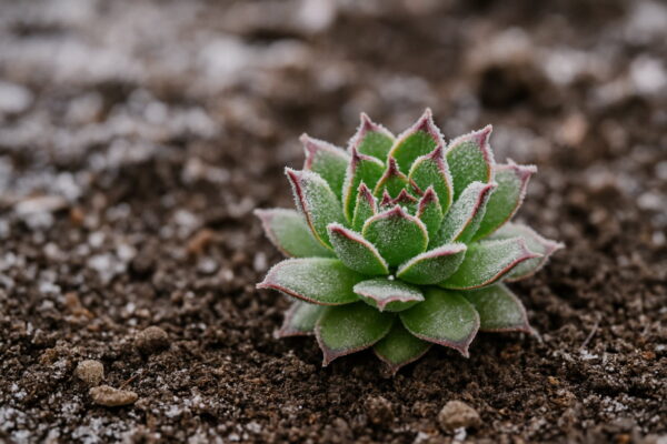 Winterharte Sukkulente mit leichtem Frost in natürlicher Gartenerde