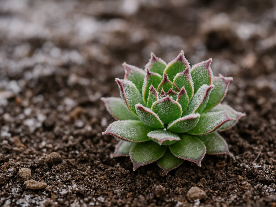 Winterharte Sukkulente mit leichtem Frost in natürlicher Gartenerde