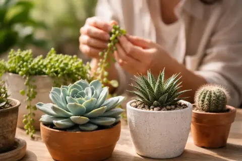 Sukkulenten mit fleischigen Blättern zur Wasserspeicherung in heller Wohnumgebung