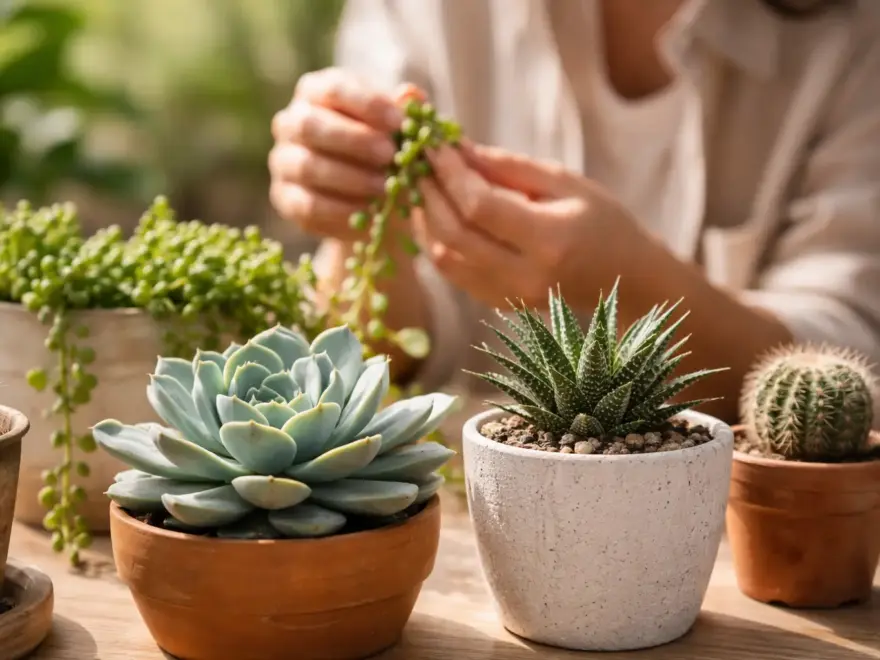 Sukkulenten mit fleischigen Blättern zur Wasserspeicherung in heller Wohnumgebung