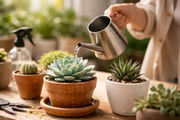 Sukkulente wird mit Gießkanne gegossen, Wasser läuft aus dem Topf ab